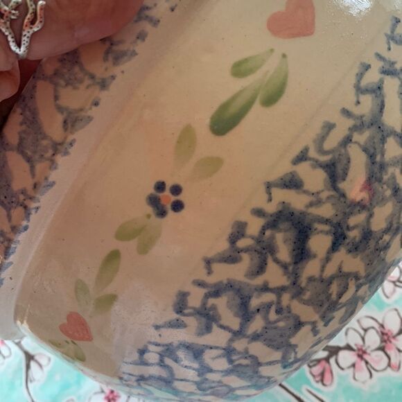 Blue Spongeware Large Mixing Bowl Pottery Floral Stencil - Picture 7 of 9